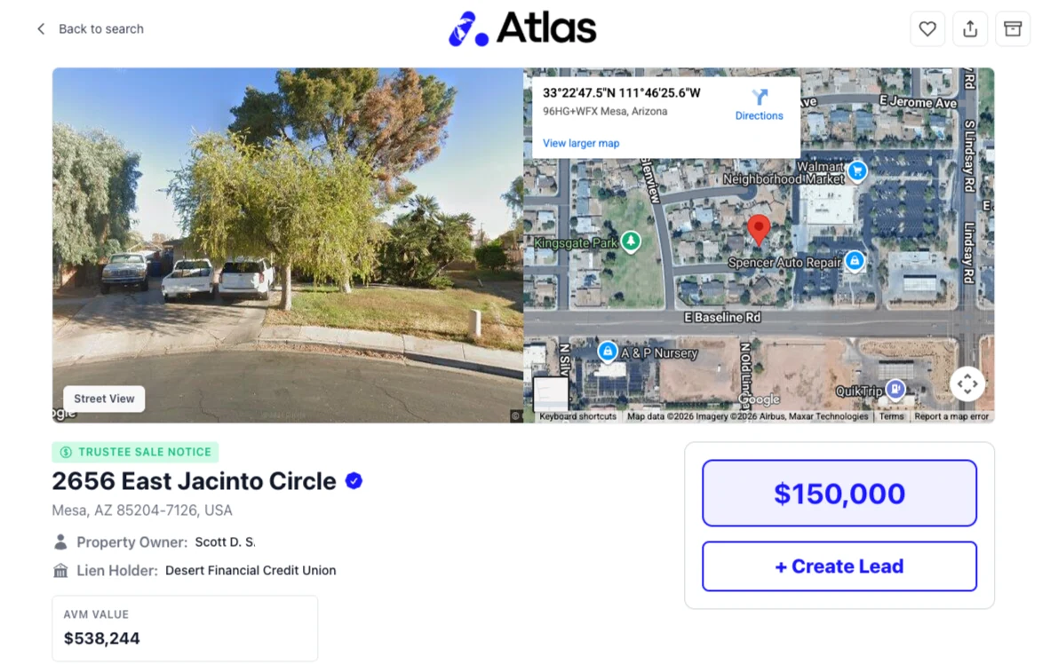 A distressed property's detail view — street and satellite imagery, owner, lien, and valuation alongside the map